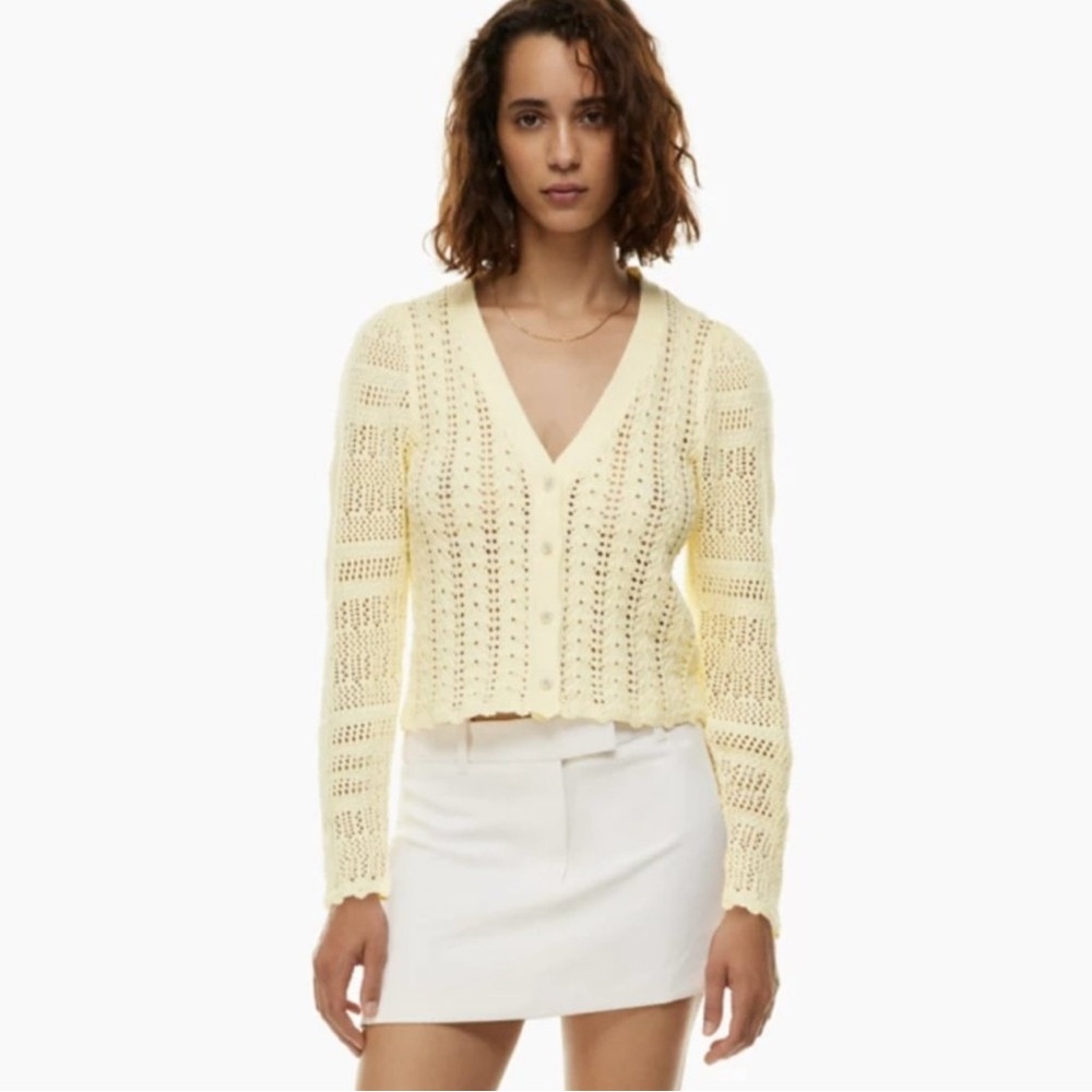 Aritzia Pale Yellow Openwork V-Neck Button Cardigan